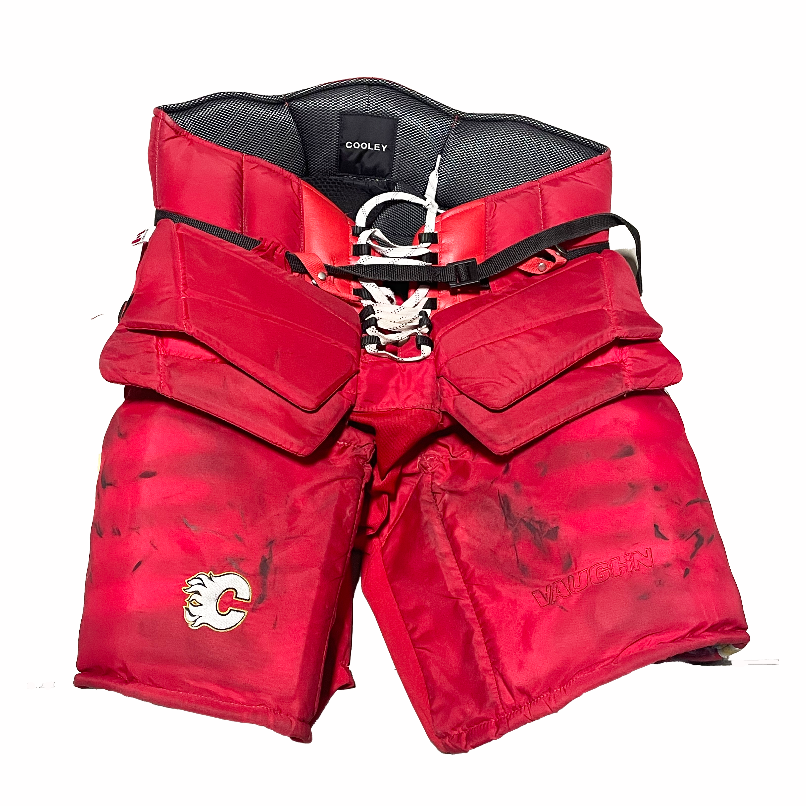 Vaughn Ventus - Used NHL Pro Custom Goalie Pants - Calgary Flames (Red/White/Yellow)